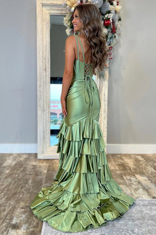 Sage Green Mermaid V-Neck Long Satin Prom Dress With Ruffle Skirt
