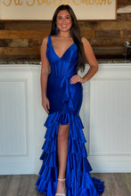 Load image into Gallery viewer, Sage Green Mermaid V-Neck Long Satin Prom Dress With Ruffle Skirt