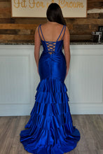 Load image into Gallery viewer, Sage Green Mermaid V-Neck Long Satin Prom Dress With Ruffle Skirt