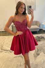 Load image into Gallery viewer, Satin Homecoming Dress with Beaded Corset Bodice and Sweetheart Neckline