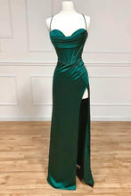 Load image into Gallery viewer, Satin Mermaid Spaghetti Straps Lace Up Dark Green Long Prom Dress With Split