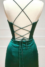 Load image into Gallery viewer, Satin Mermaid Spaghetti Straps Lace Up Dark Green Long Prom Dress With Split
