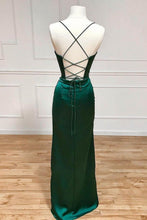 Load image into Gallery viewer, Satin Mermaid Spaghetti Straps Lace Up Dark Green Long Prom Dress With Split