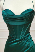 Load image into Gallery viewer, Satin Mermaid Spaghetti Straps Lace Up Dark Green Long Prom Dress With Split