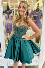 Load image into Gallery viewer, Satin Homecoming Dress with Beaded Corset Bodice and Sweetheart Neckline