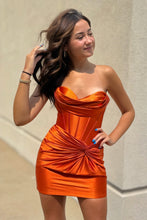 Load image into Gallery viewer, Satin Lace Up Homecoming Dress with Ruched Skirt and Corset Bodice