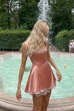 Load image into Gallery viewer, Satin Rose Pink Spaghetti Strap Homecoming Dress with Lace Trim Mini Skirt