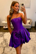 Load image into Gallery viewer, Elegant A Line Strapless Fuchsia Corset Homecoming Dress with 3D Flowers Pearls