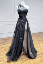 Load image into Gallery viewer, Sexy Black A-Line One Shoulder Long Prom Dress With Appliques