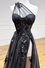 Load image into Gallery viewer, Sexy Black A-Line One Shoulder Long Prom Dress With Appliques