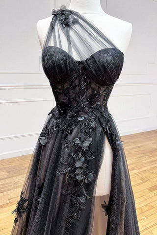 Sexy Black A-Line One Shoulder Long Prom Dress With Appliques
