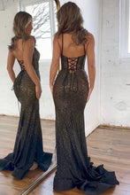 Load image into Gallery viewer, Black Beaded Long Mermaid Spaghetti Straps Lace Up Prom Dress with Slit
