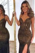 Load image into Gallery viewer, Black Beaded Long Mermaid Spaghetti Straps Lace Up Prom Dress with Slit