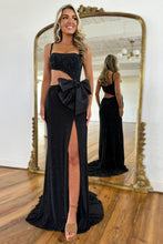 Load image into Gallery viewer, Sexy Black Mermaid Spaghetti Straps Cutout Waist Long Beaded Prom Dress with Bowknot