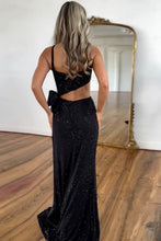 Load image into Gallery viewer, Sexy Black Mermaid Spaghetti Straps Cutout Waist Long Beaded Prom Dress with Bowknot