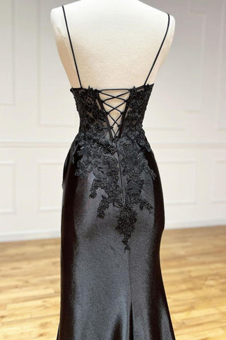 Sexy Black Mermaid Spaghetti Straps Lace Up Back Long Prom Dress With High Slit