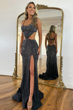 Load image into Gallery viewer, Sexy Black Mermaid Spaghetti Straps Long Beaded Prom Dress with Slit