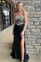 Load image into Gallery viewer, Sexy Black Mermaid Spaghetti Straps Long Sequin Prom Dress With Slit