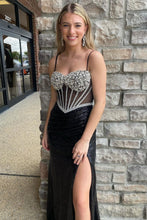 Load image into Gallery viewer, Sexy Black Mermaid Spaghetti Straps Long Sequin Prom Dress With Slit