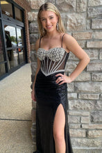 Load image into Gallery viewer, Sexy Black Mermaid Spaghetti Straps Long Sequin Prom Dress With Slit