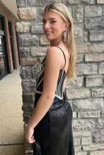 Load image into Gallery viewer, Sexy Black Mermaid Spaghetti Straps Long Sequin Prom Dress With Slit