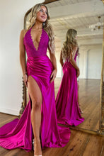 Load image into Gallery viewer, Fuchsia Satin Mermaid V-Neck Zipper Back Long Prom Dress With Slit