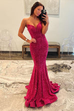 Load image into Gallery viewer, Fuchsia Glitter Mermaid Strapless Keyhole Back Sequin Long Prom Dress