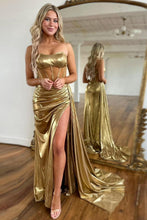 Load image into Gallery viewer, Sexy Gold Mermaid Strapless Long Metallic Prom Dress With High Slit and Ribbon