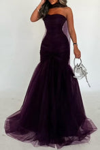 Load image into Gallery viewer, Sexy Mermaid Dark Purple Strapless Long Tulle Prom Dress with Ribbon