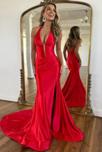 Load image into Gallery viewer, Sexy Red Mermaid Halter Neck Long Satin Prom Dress With Slit