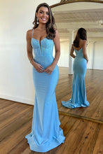 Load image into Gallery viewer, Glitter Light Blue Spaghetti Straps Zipper Back Long Beaded Prom Dress
