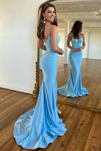 Load image into Gallery viewer, Glitter Light Blue Spaghetti Straps Zipper Back Long Beaded Prom Dress