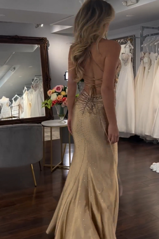 Sexy Sparkly Gold Mermaid Long Beaded Prom Dress With Split
