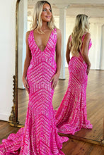 Load image into Gallery viewer, Sparkly Sequin Mermaid V-Neck Open Back Long Prom Dress