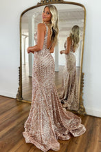 Load image into Gallery viewer, Sparkly Sequin Mermaid V-Neck Open Back Long Prom Dress