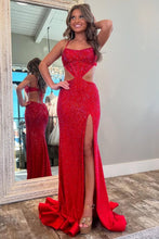 Load image into Gallery viewer, Sexy Black Mermaid Spaghetti Straps Long Beaded Prom Dress with Slit