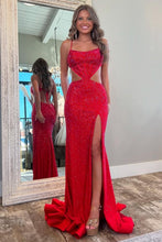 Load image into Gallery viewer, Sexy Black Mermaid Spaghetti Straps Long Beaded Prom Dress with Slit
