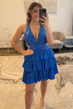 Load image into Gallery viewer, Bling A Line Halter Neck Blue Short Homecoming Dress with Beading