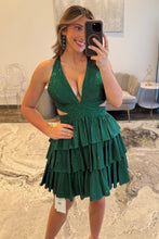 Load image into Gallery viewer, Bling A Line Halter Neck Blue Short Homecoming Dress with Beading