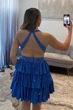 Load image into Gallery viewer, Bling A Line Halter Neck Blue Short Homecoming Dress with Beading