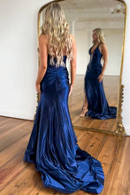 Load image into Gallery viewer, Sexy Red Mermaid Halter Neck Long Satin Prom Dress With Slit