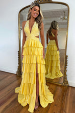Load image into Gallery viewer, Luxurious Sparkly Mermaid Halter Long Tiered Beaded Prom Dress with High Slit