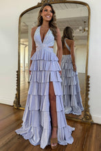 Load image into Gallery viewer, Luxurious Sparkly Mermaid Halter Long Tiered Beaded Prom Dress with High Slit