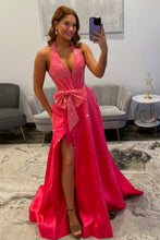 Load image into Gallery viewer, Shine A Line Halter Neck Candy Pink Long Prom Dress with Beading