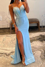 Load image into Gallery viewer, Glitter Light Blue Mermaid Lace Up Long Prom Dress With Slit And Beading