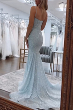 Load image into Gallery viewer, Shiny Light Blue Mermaid Spaghetti Straps Long Beaded Prom Dress