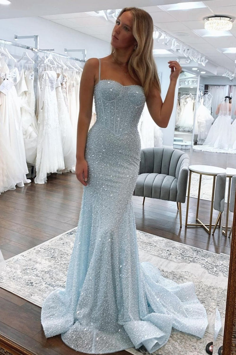 Luuvis Shiny Light Blue Mermaid Spaghetti Straps Long Beaded Prom Dress
