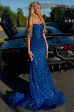 Load image into Gallery viewer, Shiny Light Blue Mermaid Spaghetti Straps Long Beaded Prom Dress