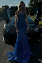 Load image into Gallery viewer, Shiny Light Blue Mermaid Spaghetti Straps Long Beaded Prom Dress