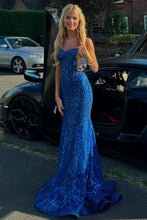 Load image into Gallery viewer, Shiny Light Blue Mermaid Spaghetti Straps Long Beaded Prom Dress